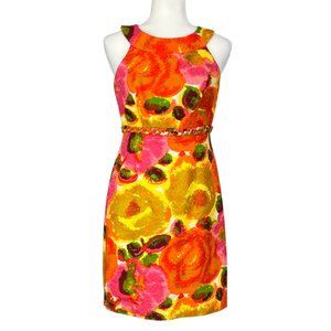Muse Womens Tropical Floral Sleeveless Sheath Dress Orange Yellow Pink size 4